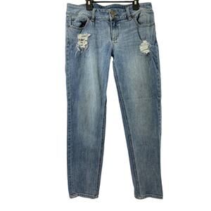 NY & C Slim Slouch Jeans Womens Size 8 Rhinestone Patch Destroyed Denim Straight